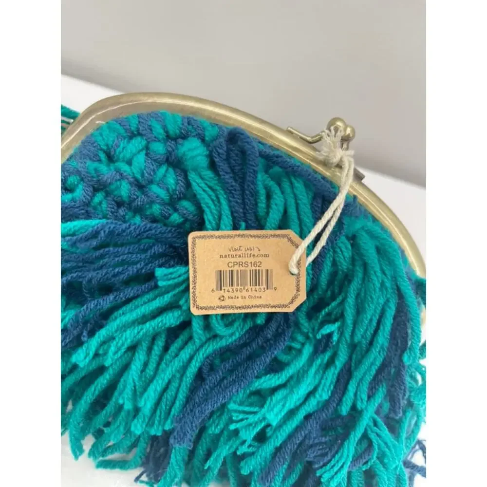 Natural Life Coin Purse Blue Green Crochet Yarn Fringe Pouch Kisslock Artsy Boho
